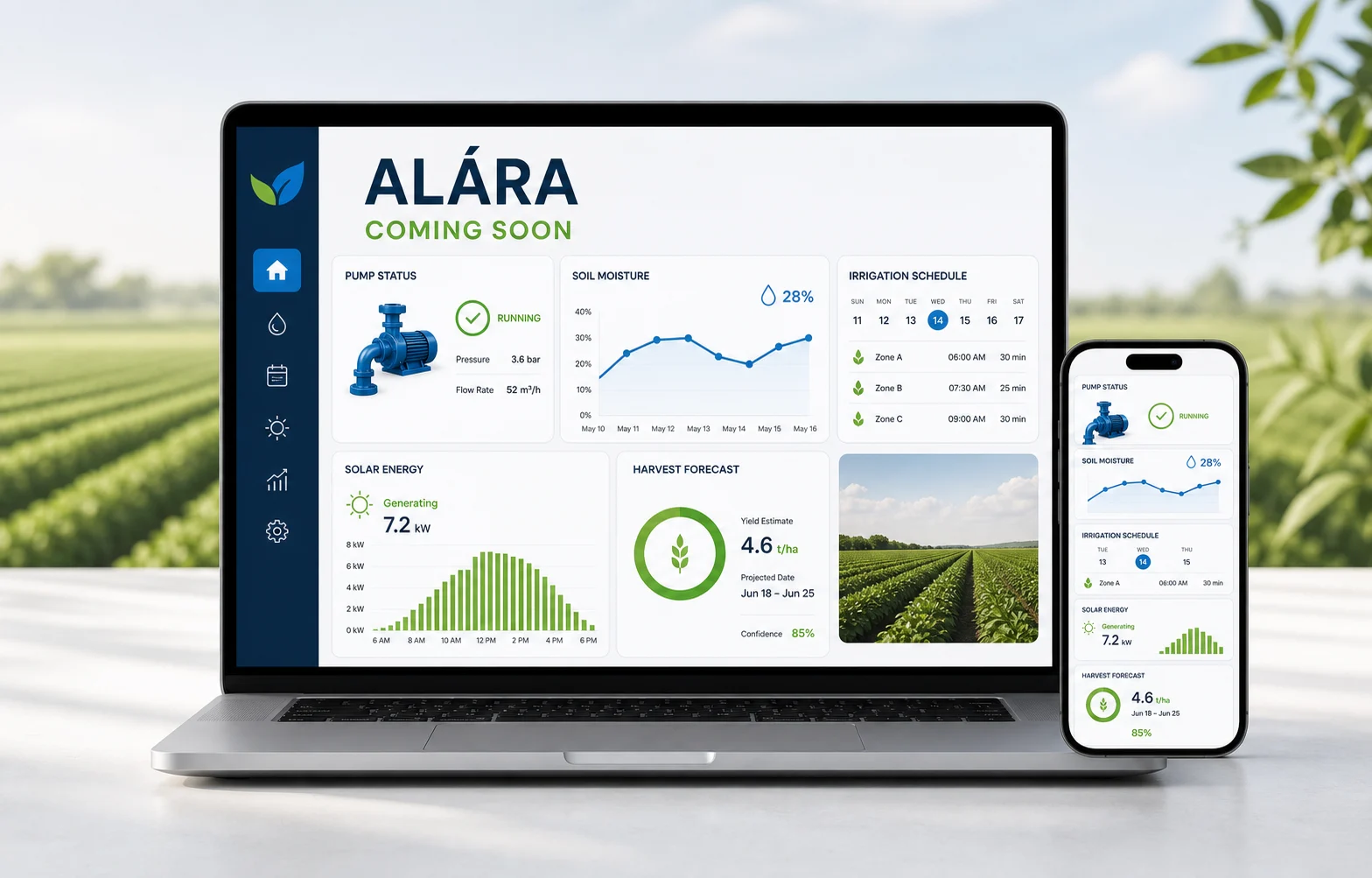 Illustrative preview of the ALÁRA farm intelligence dashboard, coming soon