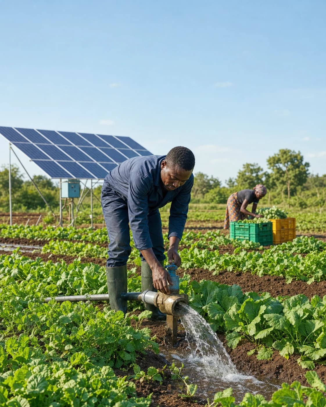 Nigerian farmers using solar-powered irrigation among healthy vegetable crops